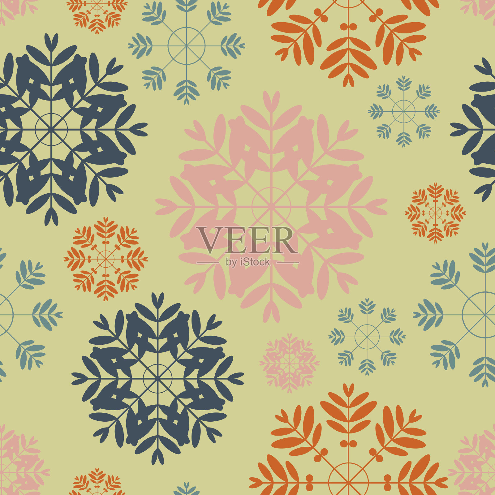 不同颜色的雪花构成了织物的冬季无缝图案。向量。插画图片素材