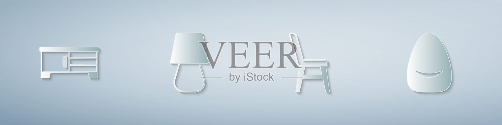 设置电视桌架，台灯，椅子和靠垫。纸艺风格。向量插画图片素材