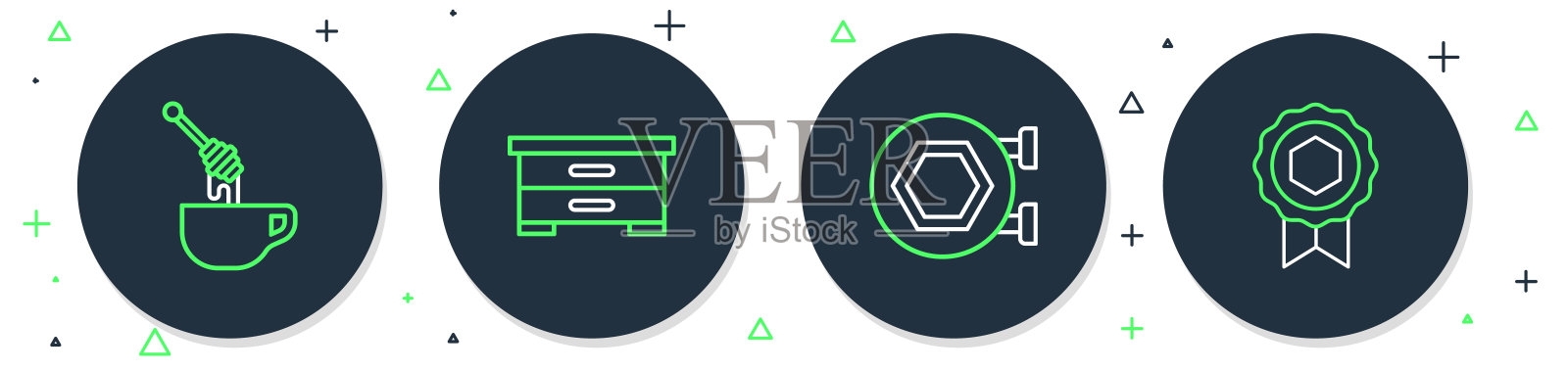 设置线蜂巢蜜蜂，悬挂标志与蜂巢，蜂蜜勺棒和奖章图标。向量插画图片素材