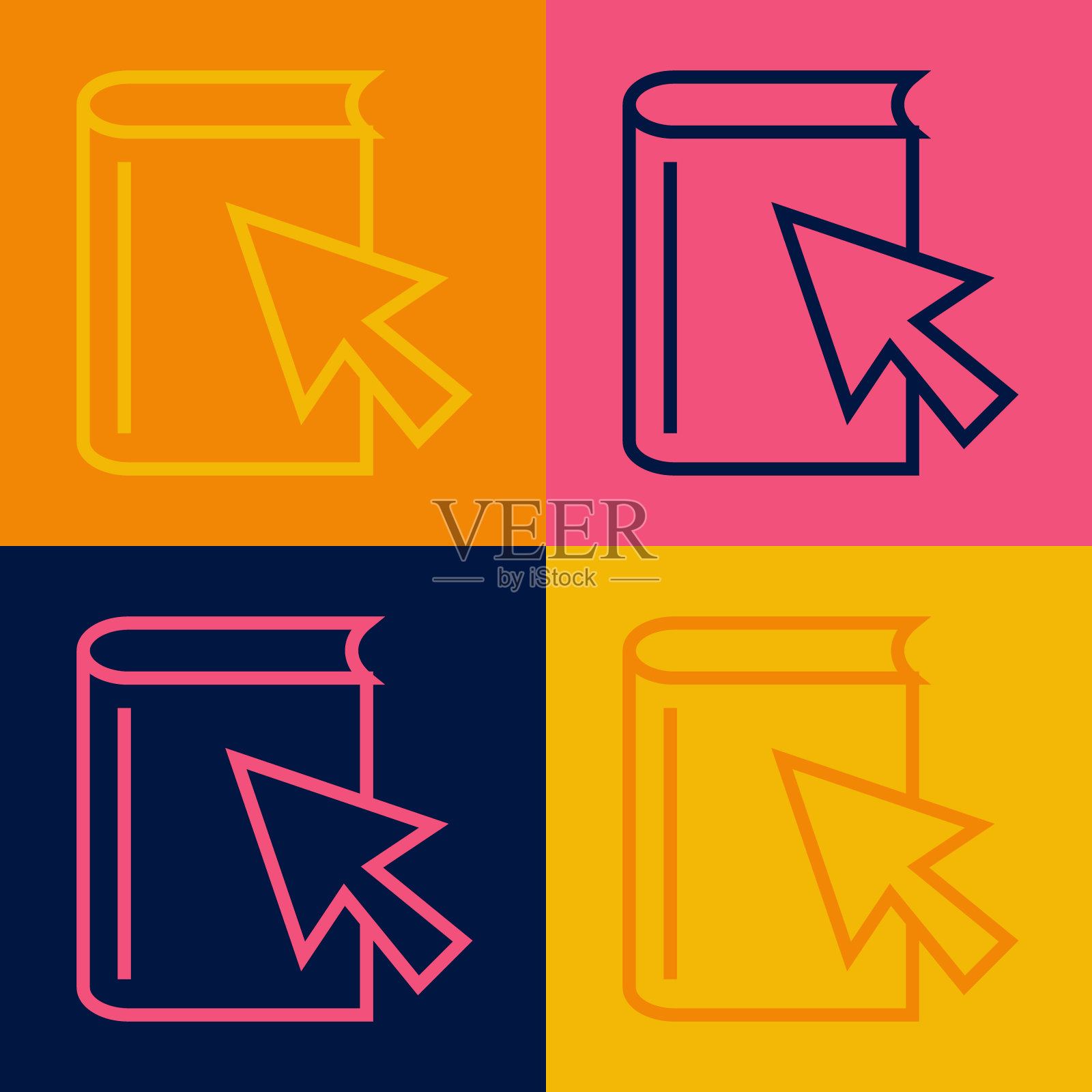 波普艺术线在线图书图标孤立的彩色背景。互联网教育理念，e-learning资源，远程在线课程。向量插画图片素材