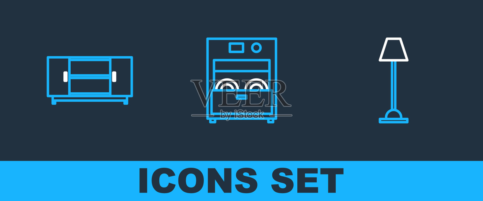 设置线落地灯，电视桌架和厨房洗碗机机器图标。向量插画图片素材