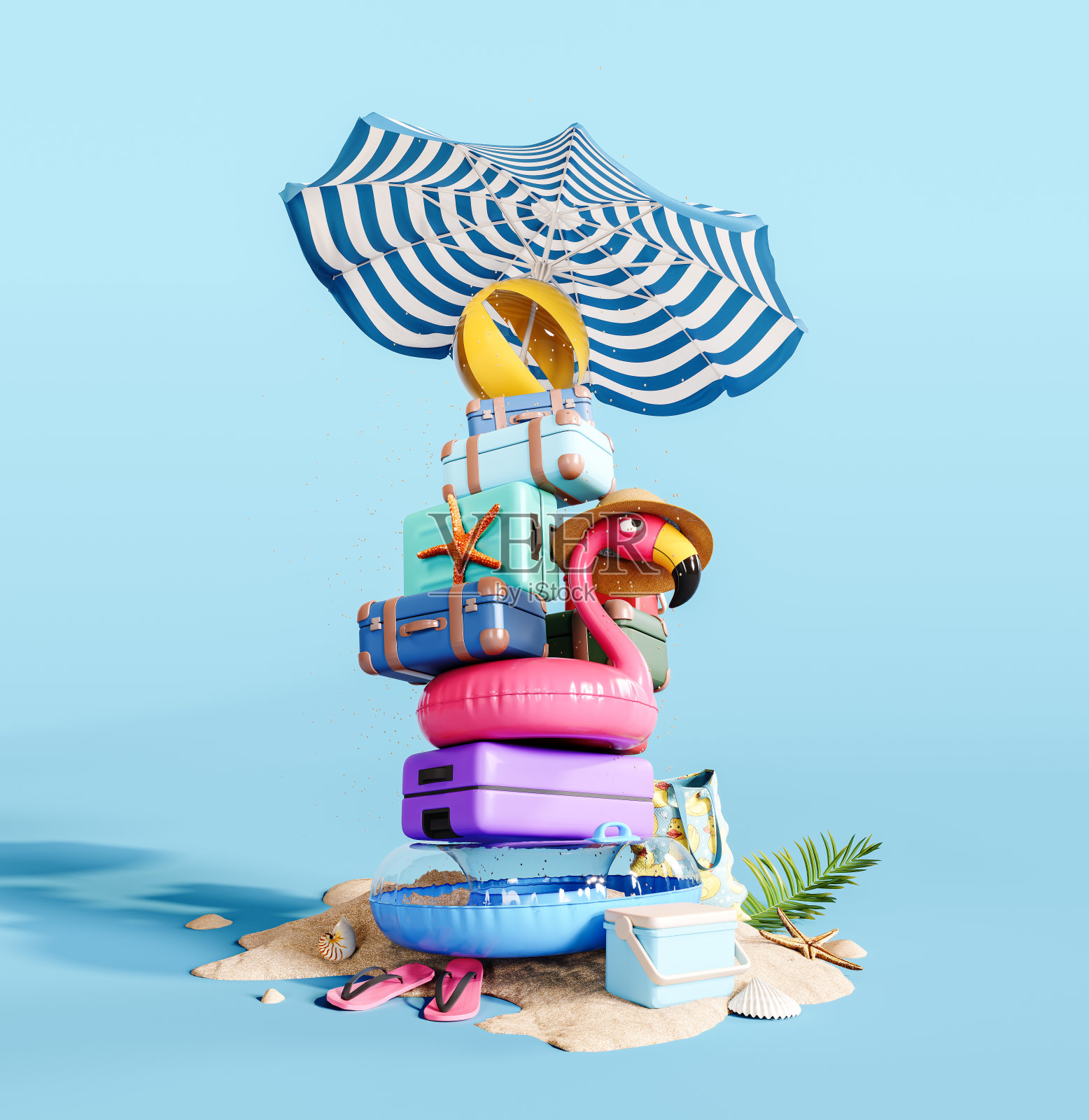 夏季配饰堆叠高。粉红色的火烈鸟与旅行行李和海滩配件在蓝色背景。照片摄影图片