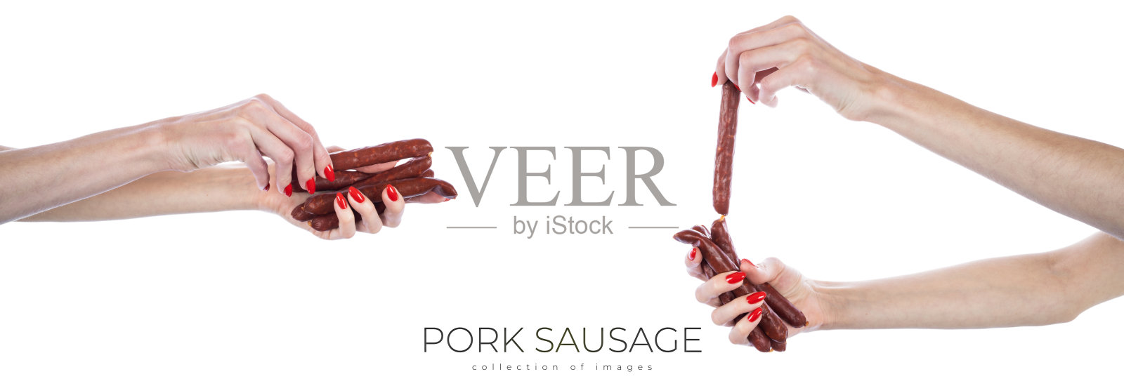 手握猪肉香肠，孤立在白色背景上。照片摄影图片