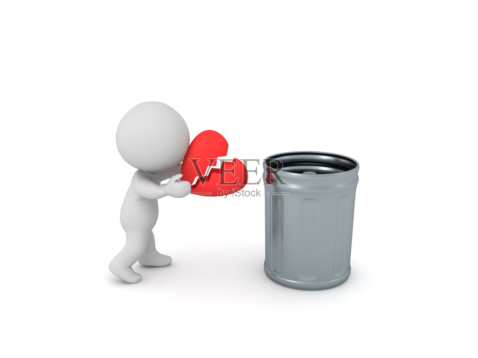 3D角色把破碎的心放进垃圾桶照片摄影图片