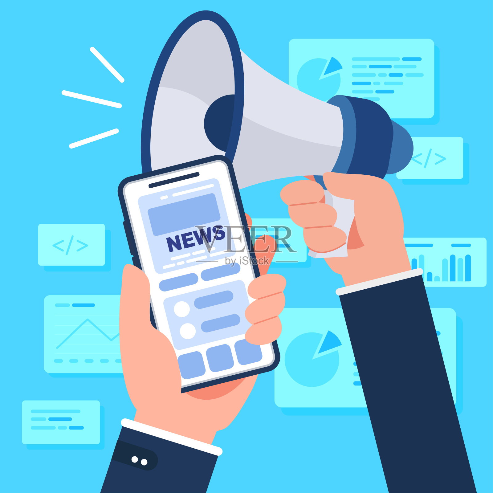 商人手中握有新闻广播、宣传、信息。社交媒体的设计理念插画图片素材