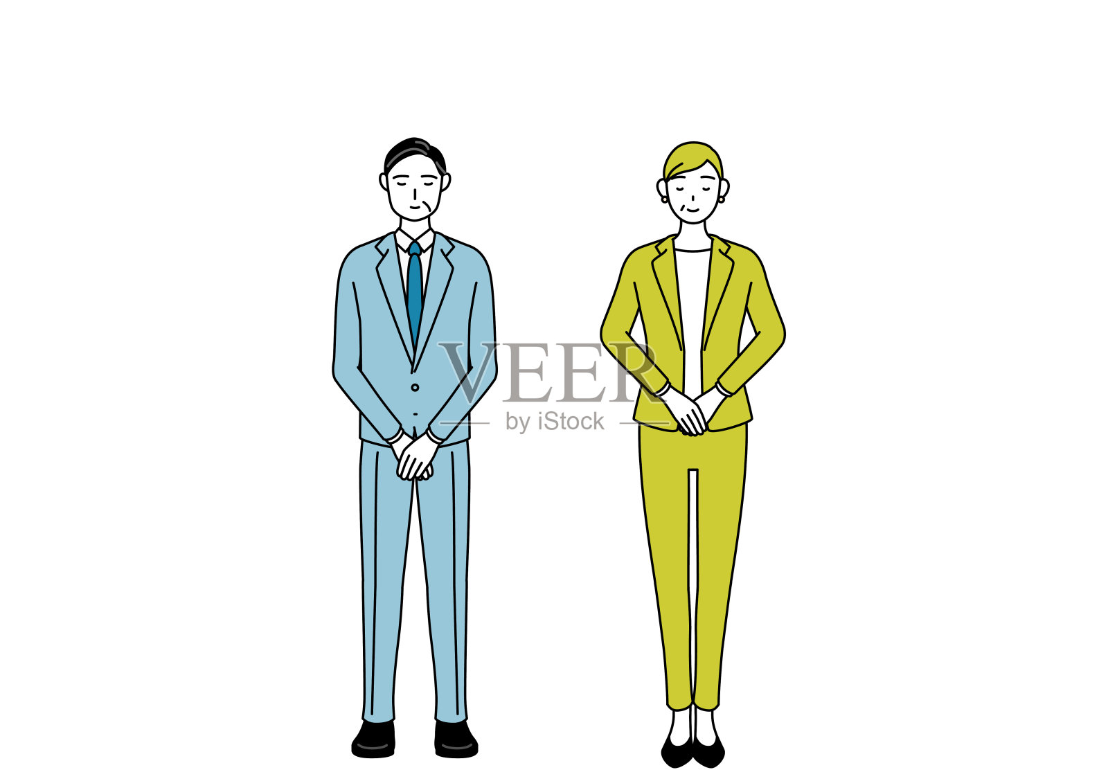 简单的线条画插图的商人和女商人(高级，行政人员，经理)在西装轻轻鞠躬。插画图片素材