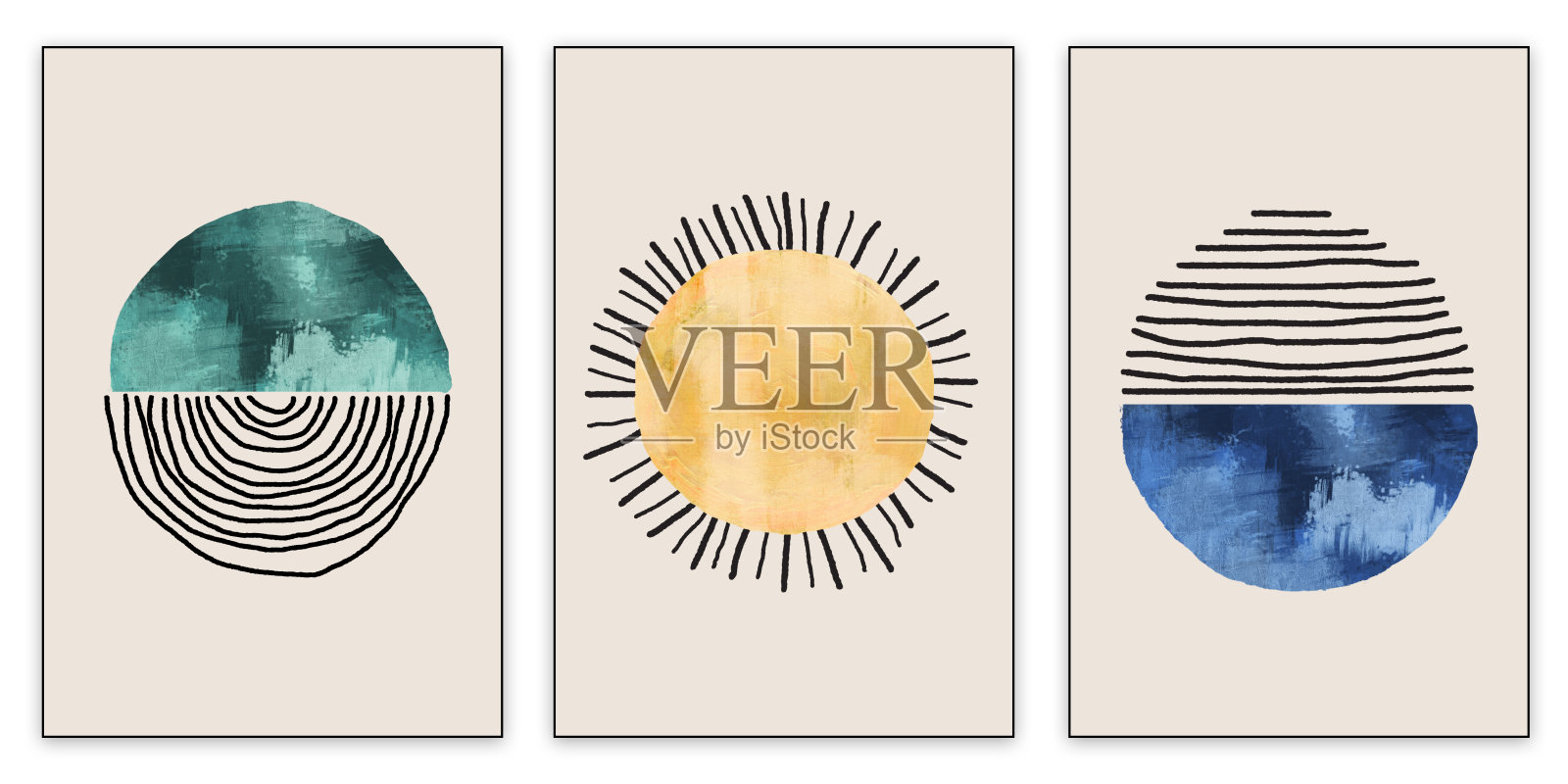 现代简约的帆布墙艺术装饰。绘制金色，灰色，蓝色和绿色大理石圆形和线条。照片摄影图片