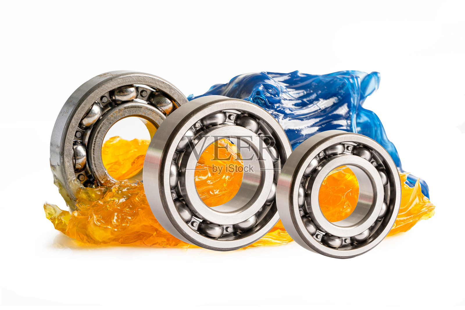 不锈钢球轴承与润滑脂锂机械润滑汽车和工业隔离白色背景。照片摄影图片