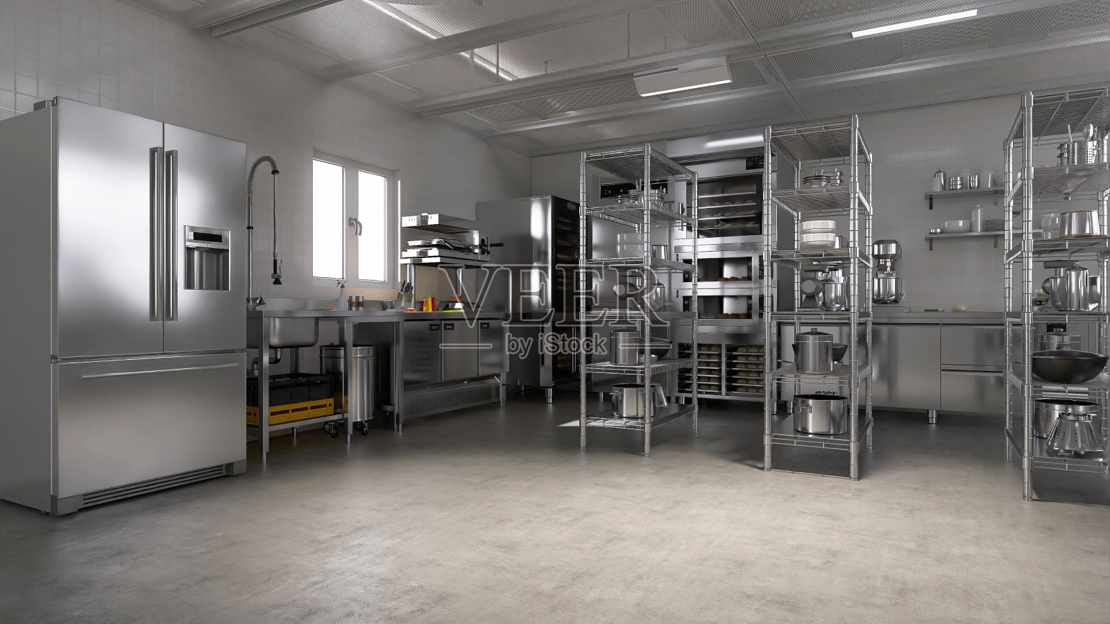 全新、干净的商用烘焙厨房树脂乙烯地板和不锈钢橱柜、货架，配有专业烘焙设备、机器、厨具照片摄影图片
