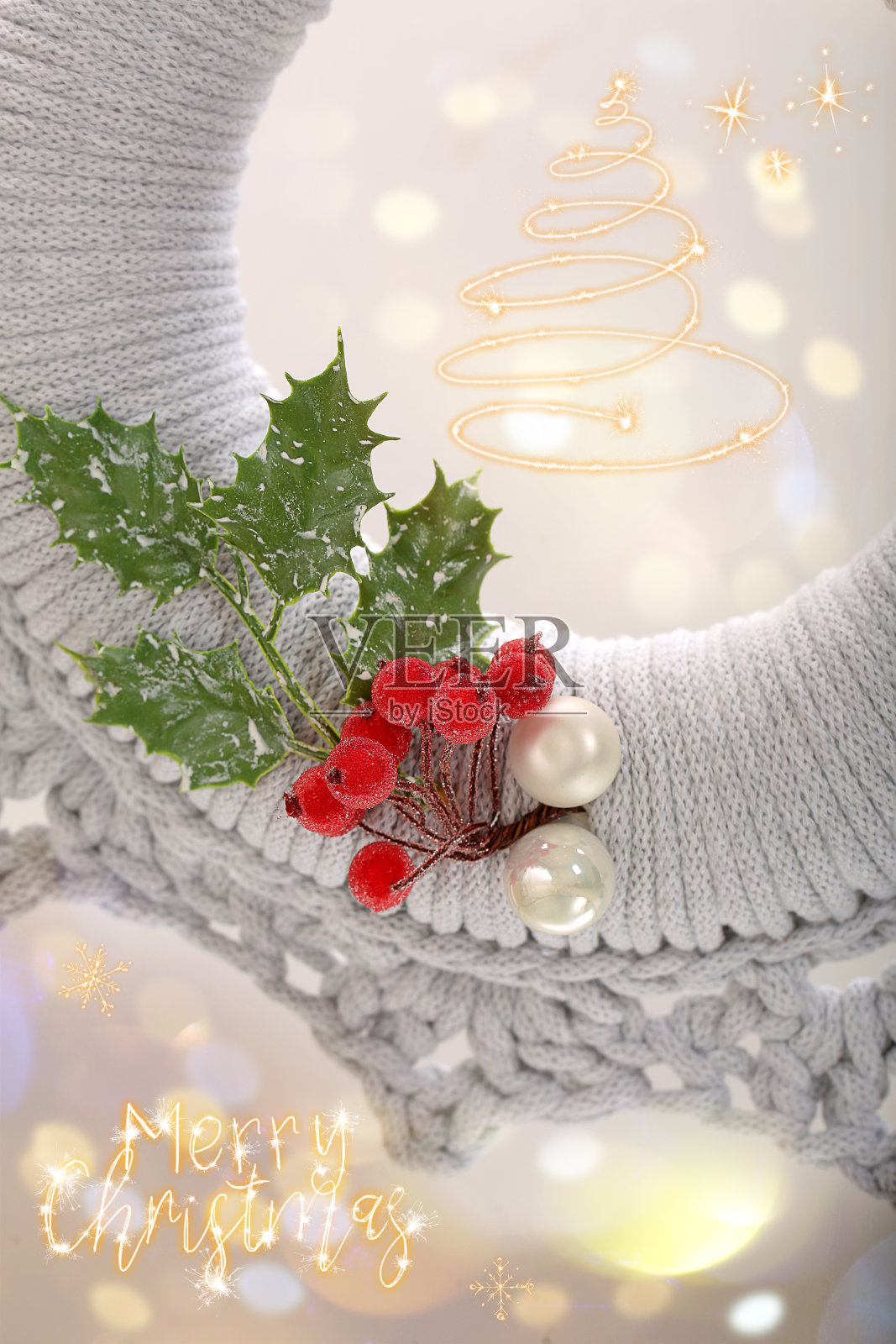 用纱线制成的圣诞花环，上面刻有“圣诞快乐”字样和空白的文字照片摄影图片