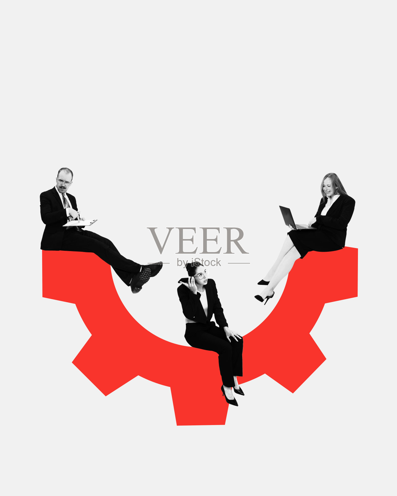 当代艺术拼贴。商务同事们，坐在半根红色机械杆上工作，象征项目或新公司的启动。照片摄影图片