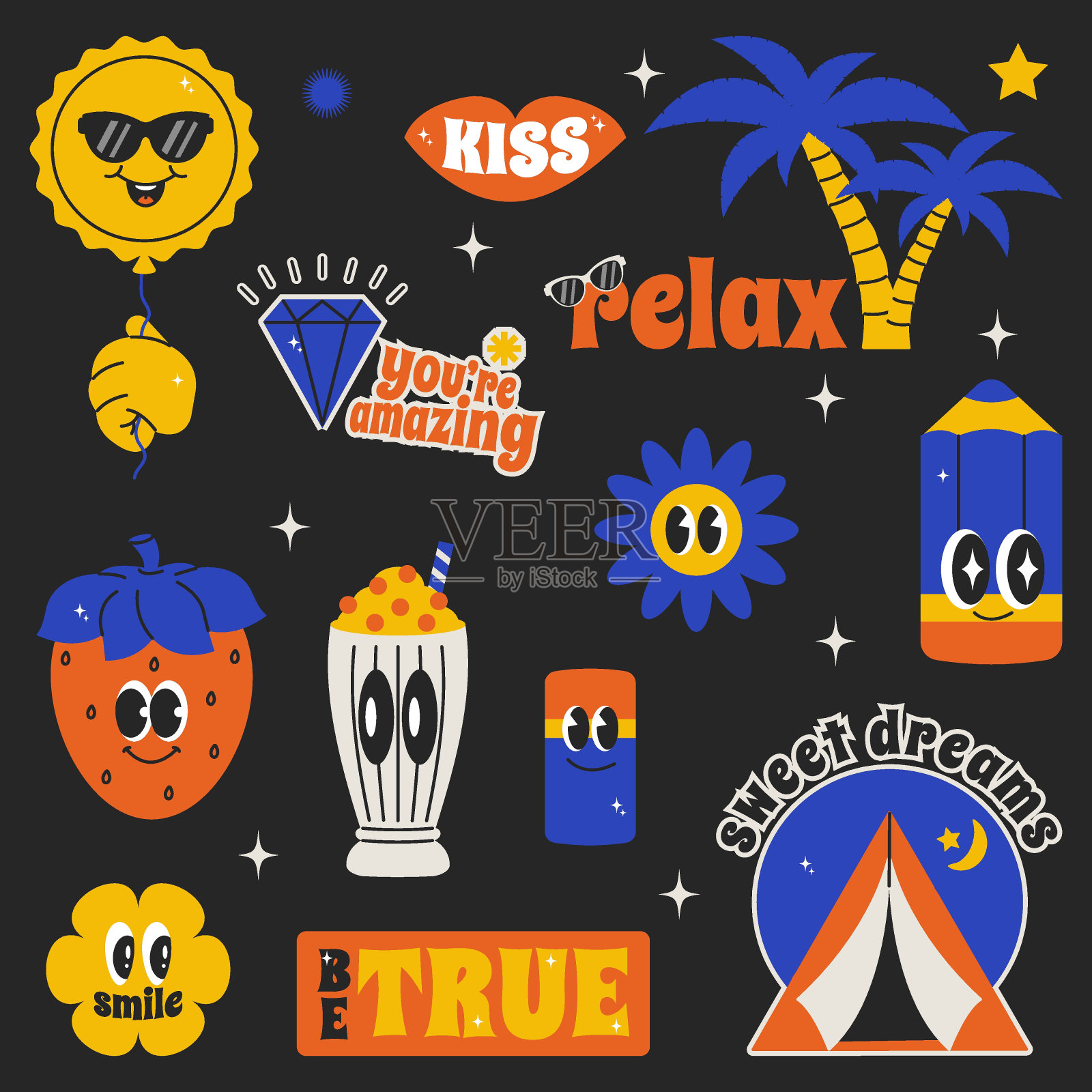 夏天人物聊天复古groovy的心情。捆绑徽章和贴纸与漫画引用的口号。矢量头像和图标在时尚的颜色90年代插画图片素材