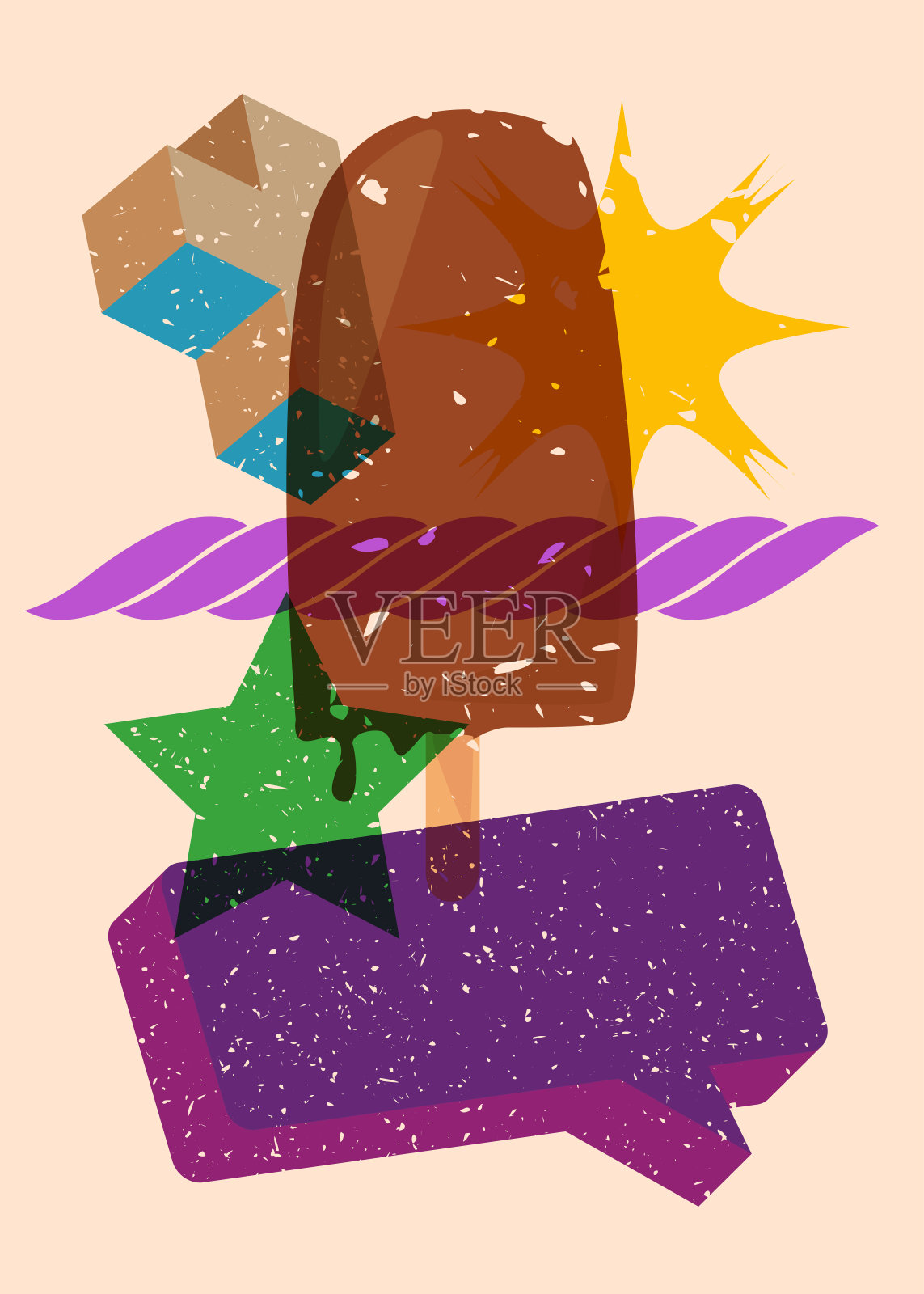 Risograph冰淇淋与语音泡沫与几何形状。物体以时尚的riso图形打印纹理风格设计与几何元素。插画图片素材