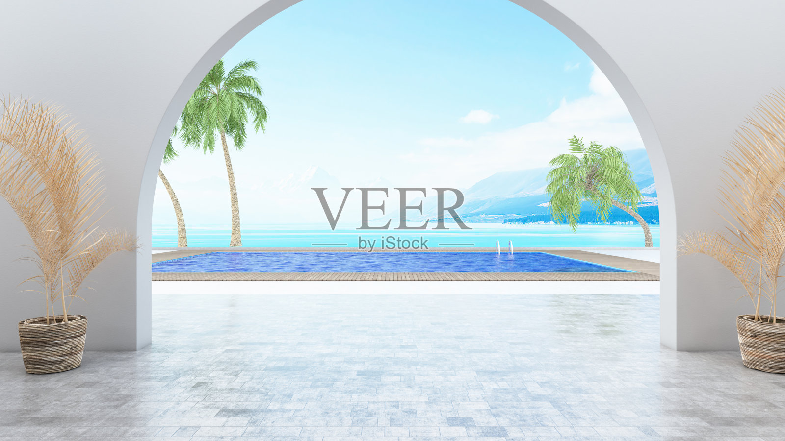 度假酒店游泳池和棕榈树照片摄影图片