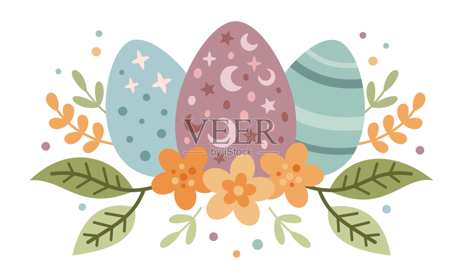 复活节彩蛋与植物在扁平的风格。复活节剪贴画快乐。手绘矢量插图。插画图片素材