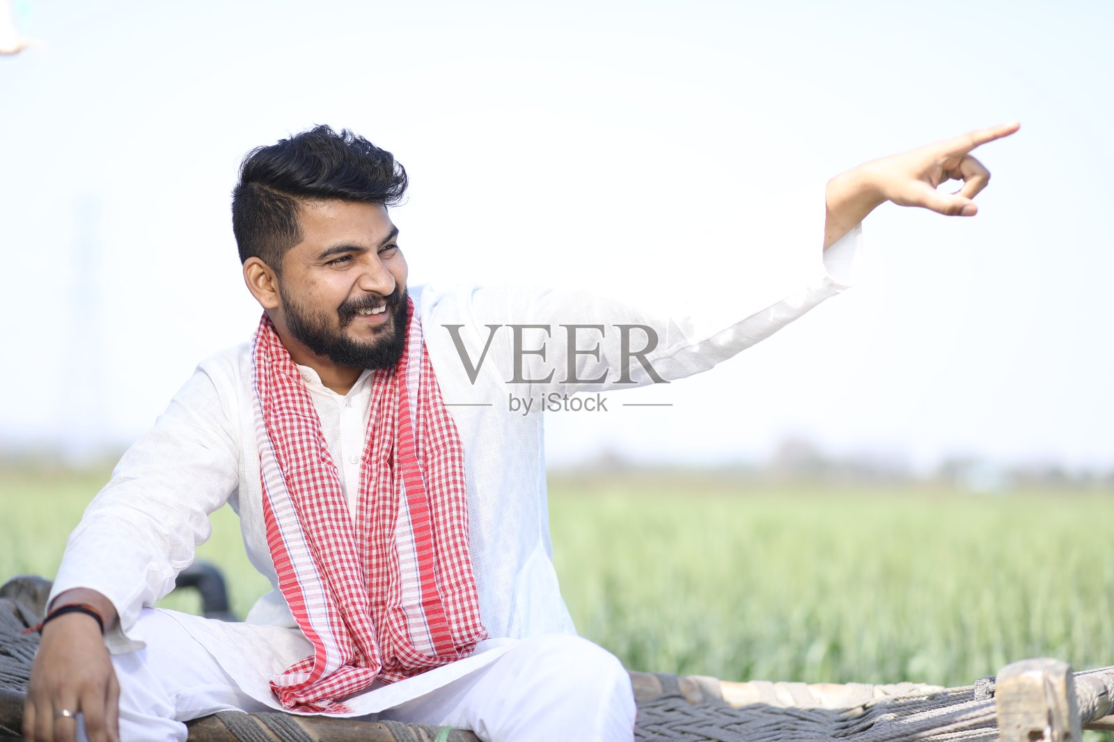 快乐的印度农民指着田地里的地方，照片摄影图片