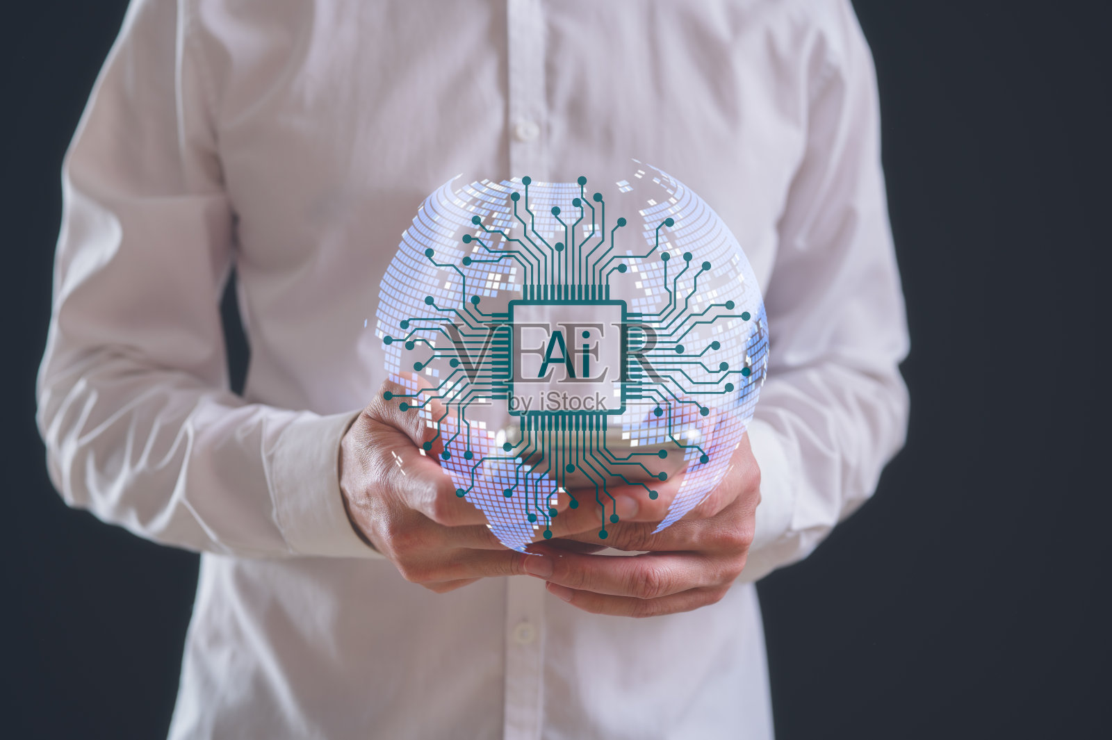 全球网络连接大数据分析和商业智能概念。数字链接技术商人手持数字平板电脑和背景模糊的虚拟地球仪照片摄影图片