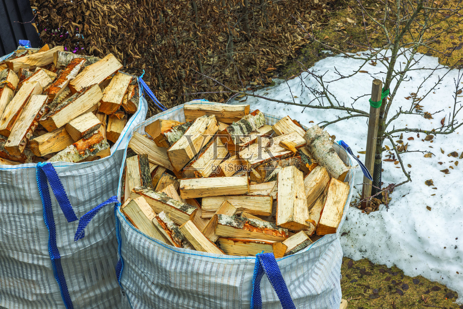 在冬春的一天，运输袋与桦木柴火的俯视图。瑞典。照片摄影图片