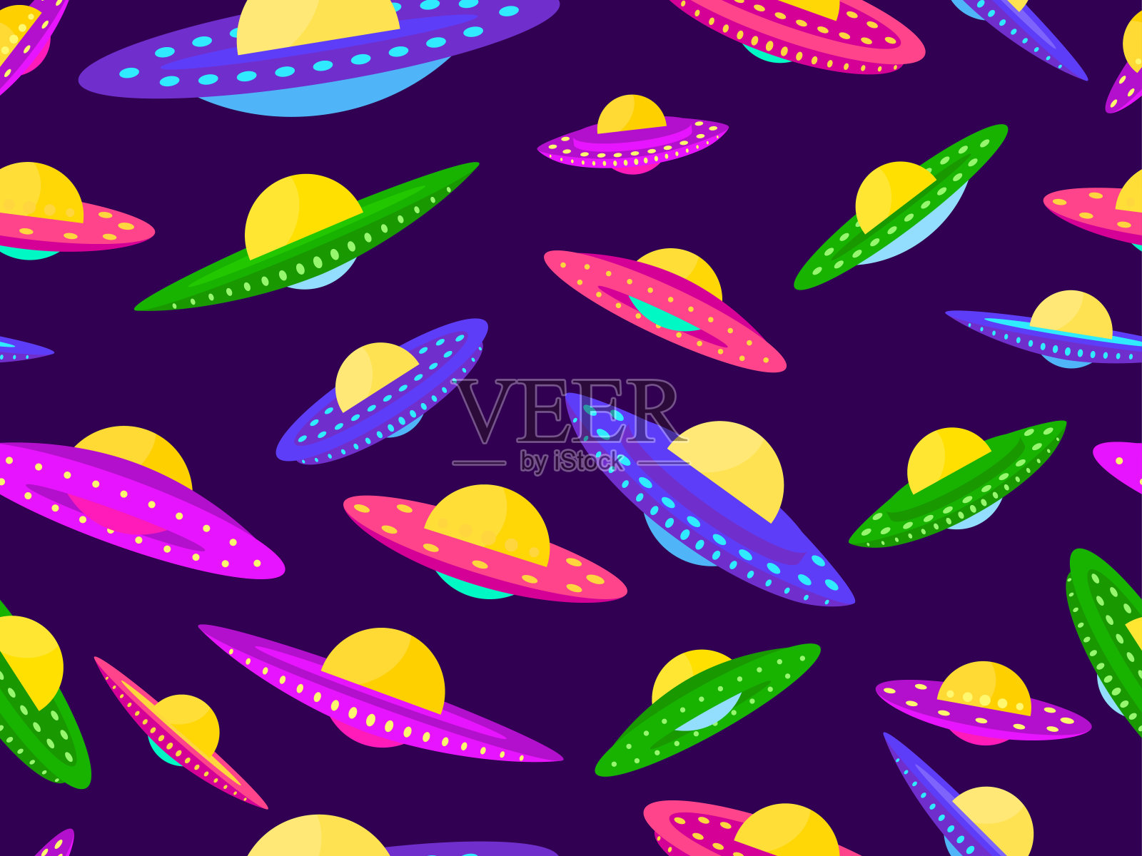 无缝图案与多色不明飞行物太空飞碟。背景是外星飞船和太空飞碟。外星飞船。设计印刷，横幅和广告。矢量图插画图片素材