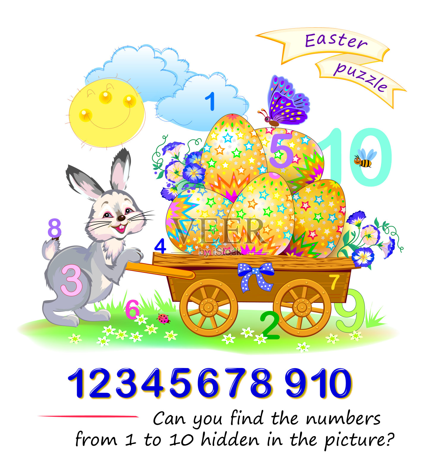 你能找出隐藏在图片中的数字1到10吗?逻辑益智游戏。幼儿数学教育。发展计数技能。智商测试。玩在线。可打印的儿童工作表。插画图片素材