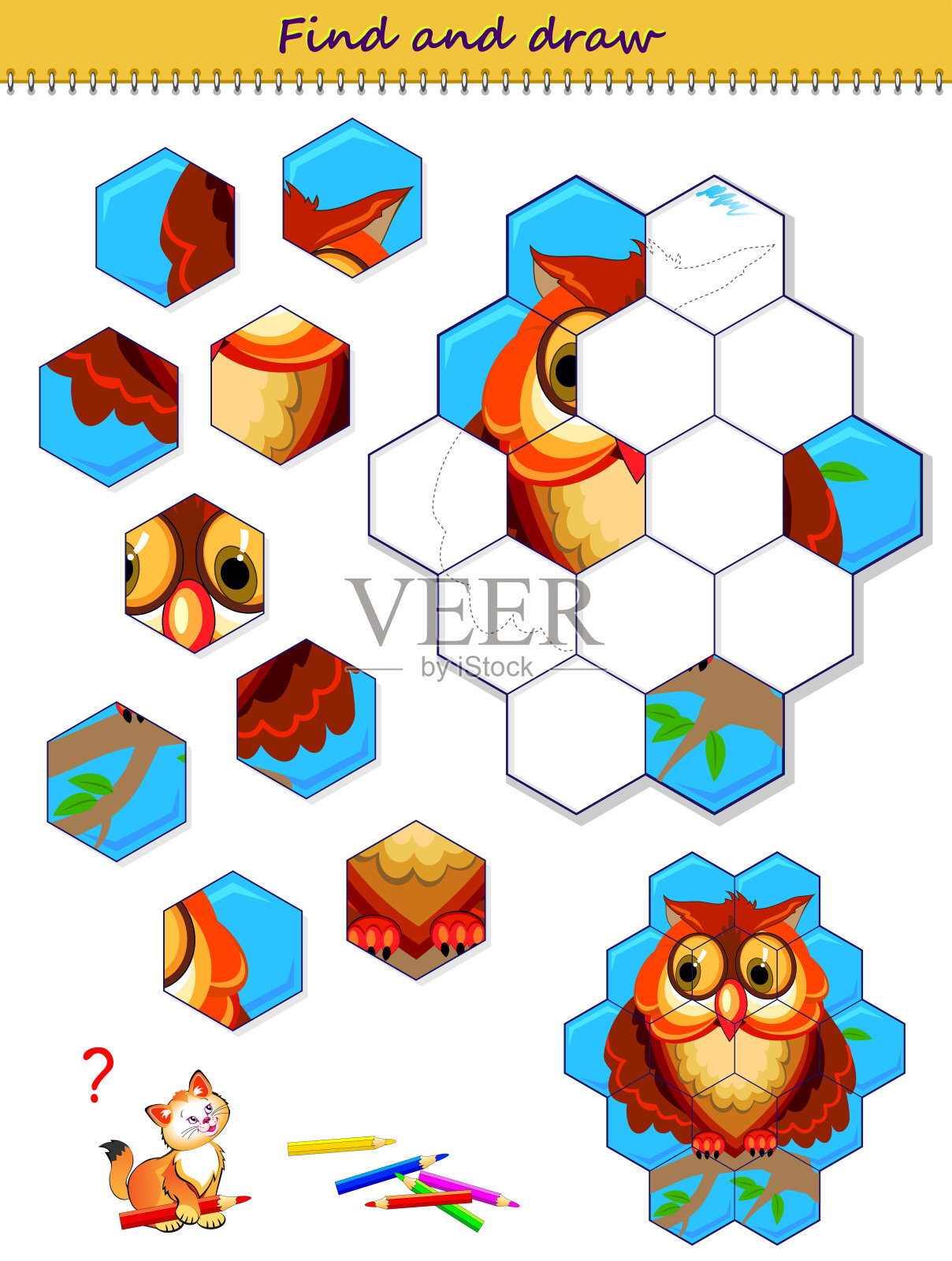 儿童教育网页。颜色可爱的猫头鹰。找到蜂巢并把它们画在正确的地方。彩色的书。可打印的儿童练习工作表。逻辑益智游戏。矢量图像。插画图片素材