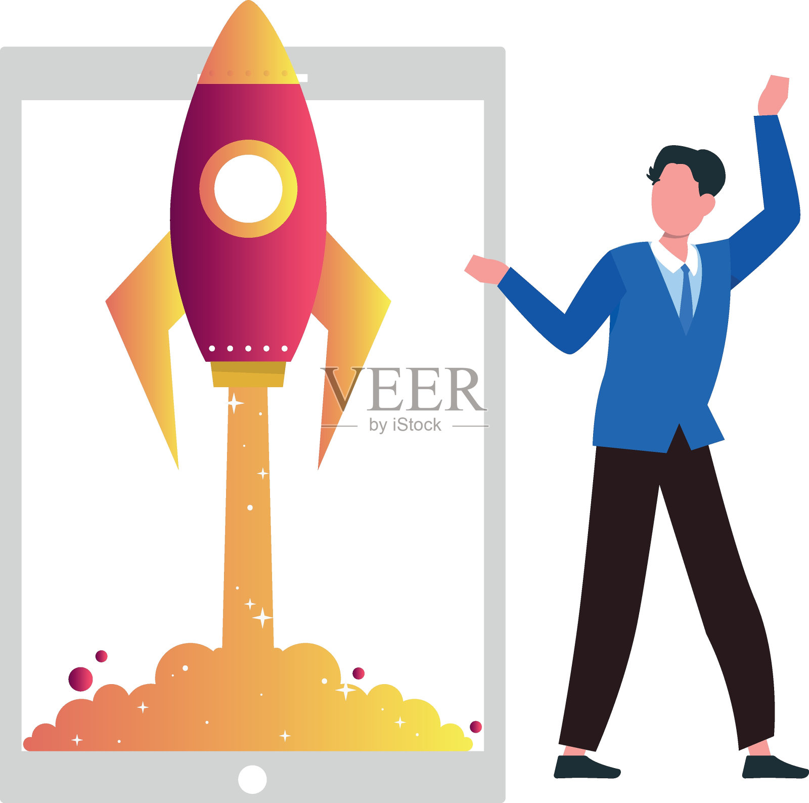 男孩在手机上观看启动火箭。插画图片素材