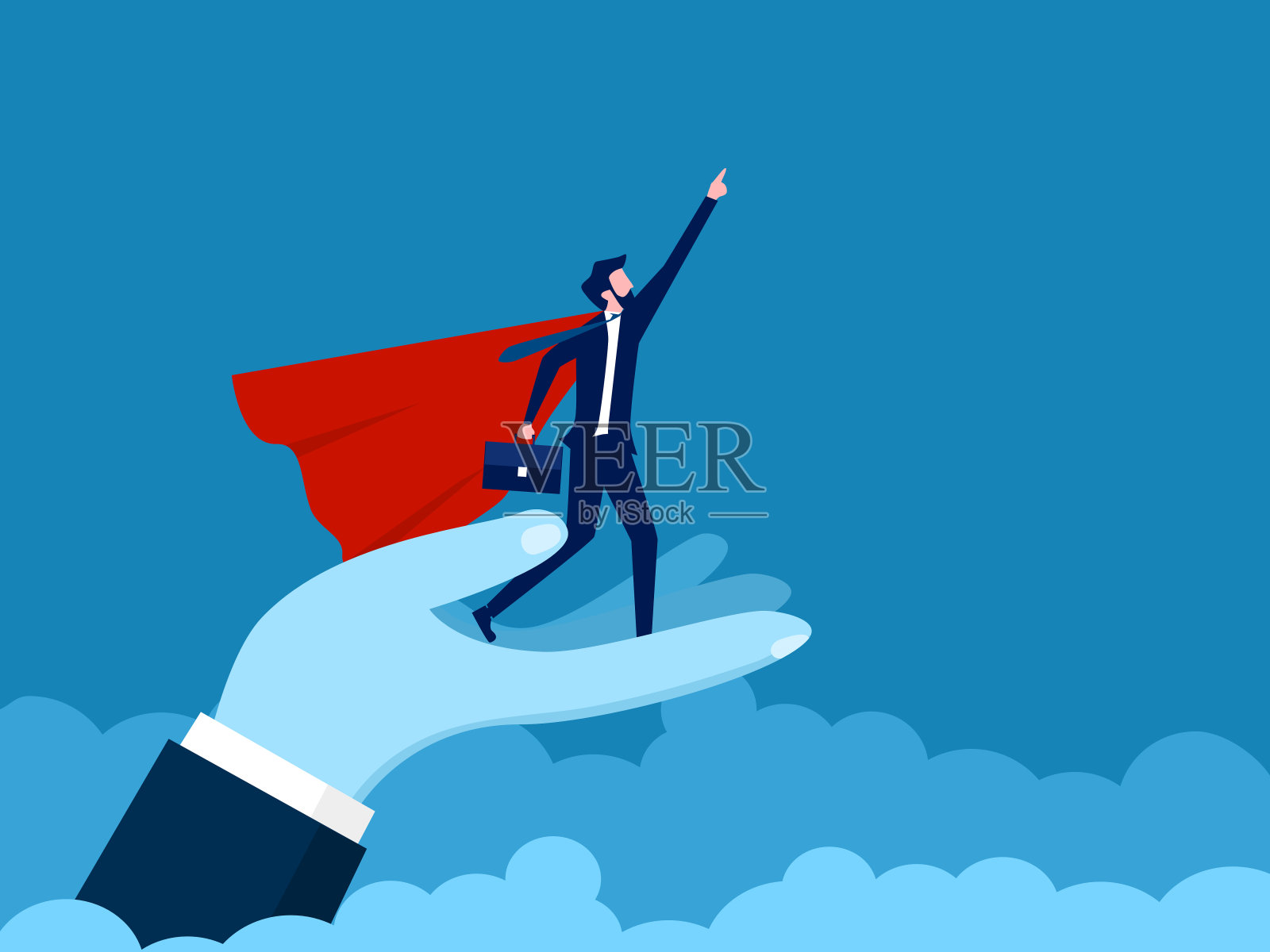 被提升到领导职位。英雄商人在支持的手中插画图片素材