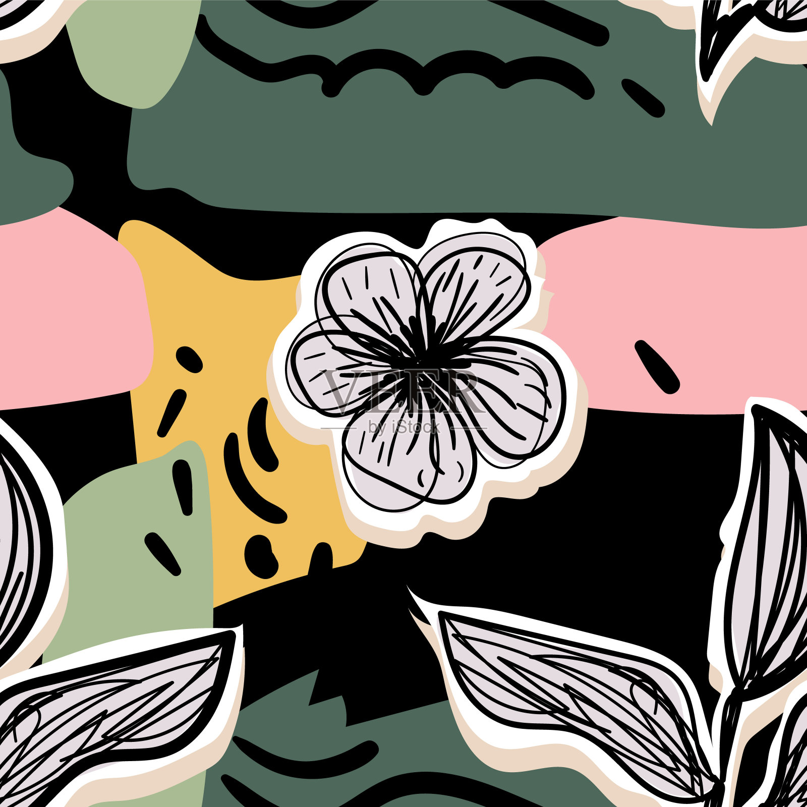 创意几何无缝图案与花卉元素和不同的纹理。拼贴设计，矢量插图插画图片素材