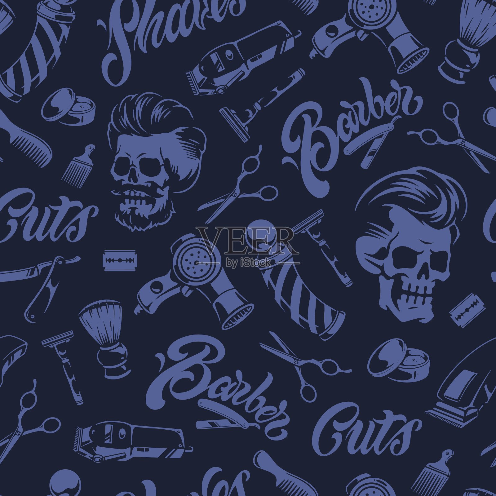 理发业单色无缝花纹插画图片素材