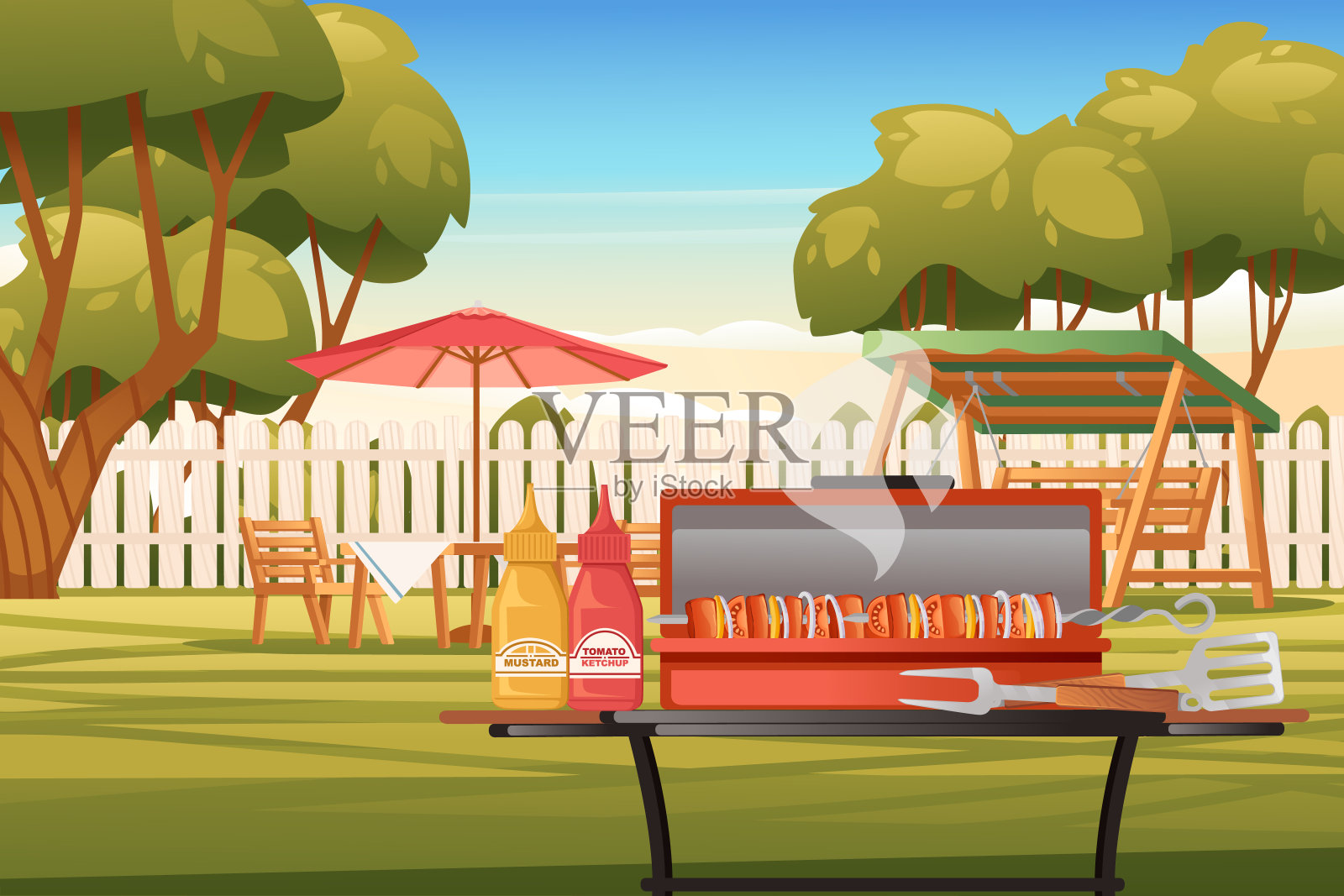 后院与木篱笆篱笆和椅子与桌子烧烤烧烤阳光明媚的夏日天空背景矢量插图插画图片素材