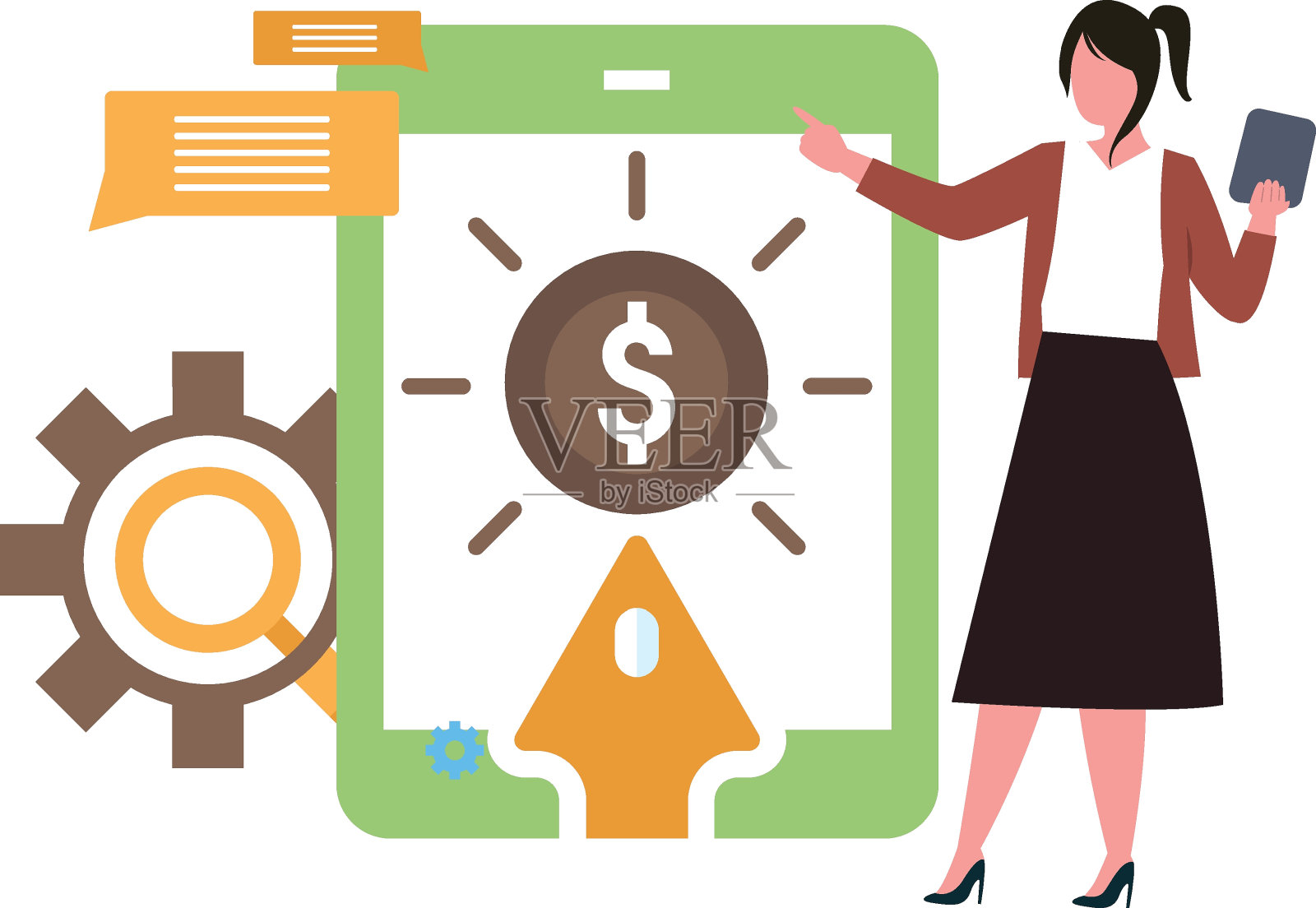 一个女孩正在做手机。插画图片素材