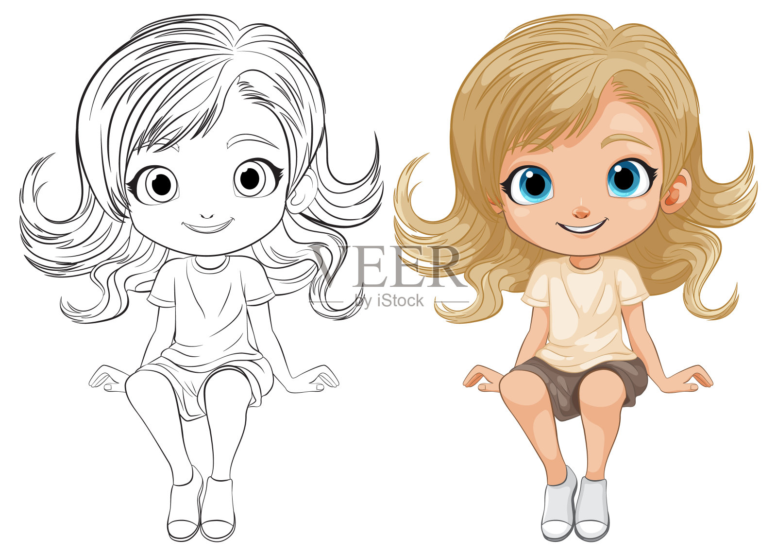 黑白和彩色卡通女孩插图插画图片素材