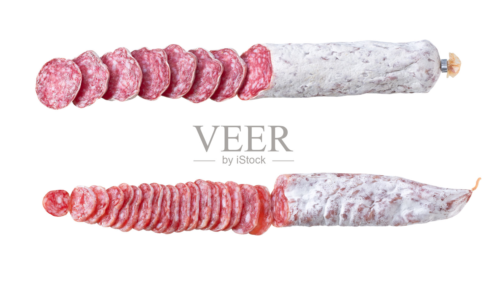 切片西班牙Fuet薄干腊肠孤立在白色背景，俯视图。照片摄影图片