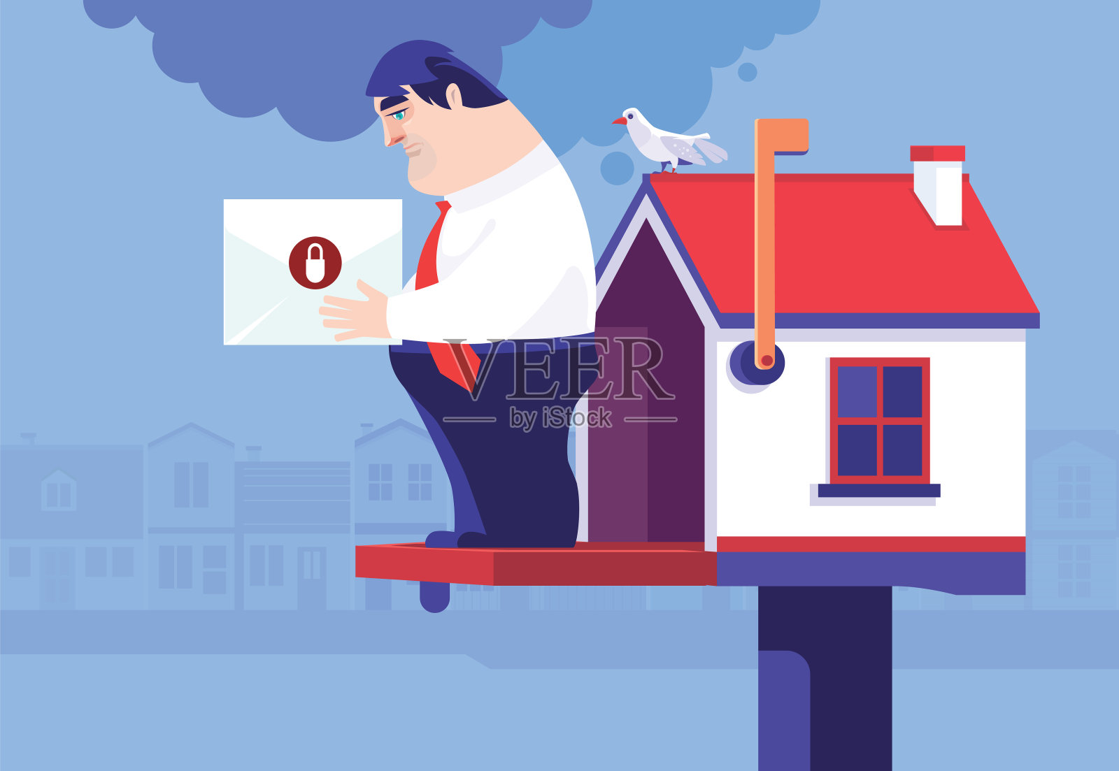 悲伤的中年成年商人拿着锁信封站在家里的邮箱上插画图片素材