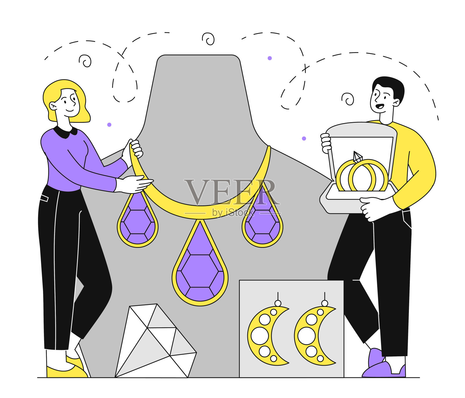 珠宝商与人体模型向量线性插画图片素材