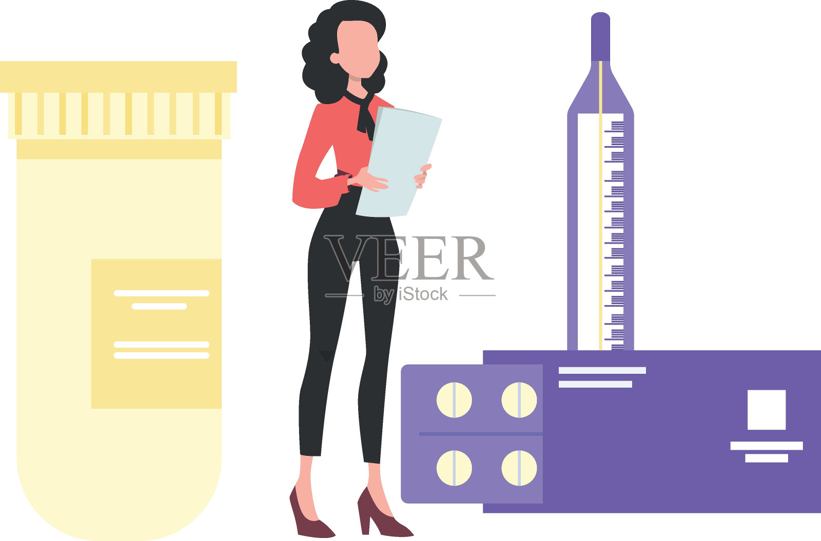 一个女孩拿着一份医疗档案站在那里。插画图片素材