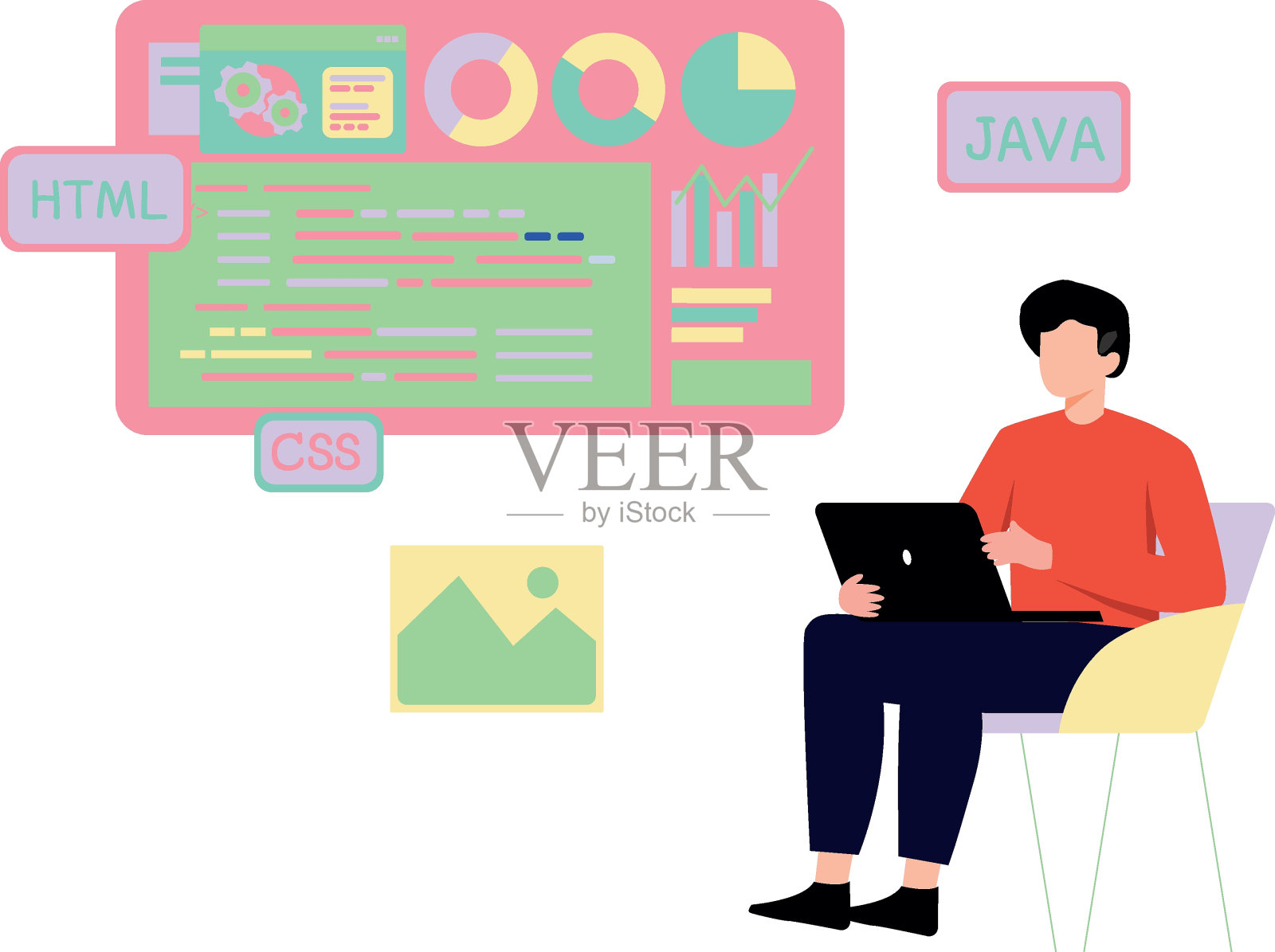 男孩在做图表编码。插画图片素材