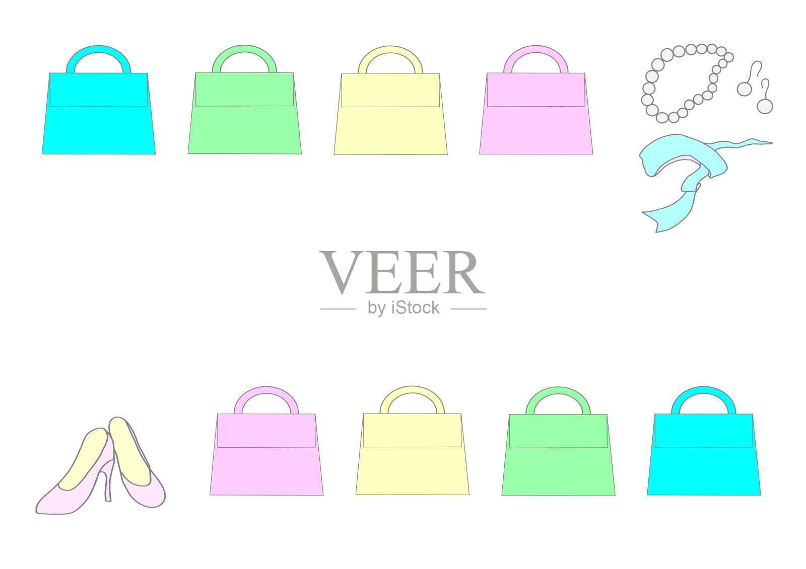 框架的彩色柔和的彩色手袋排成一行插画图片素材