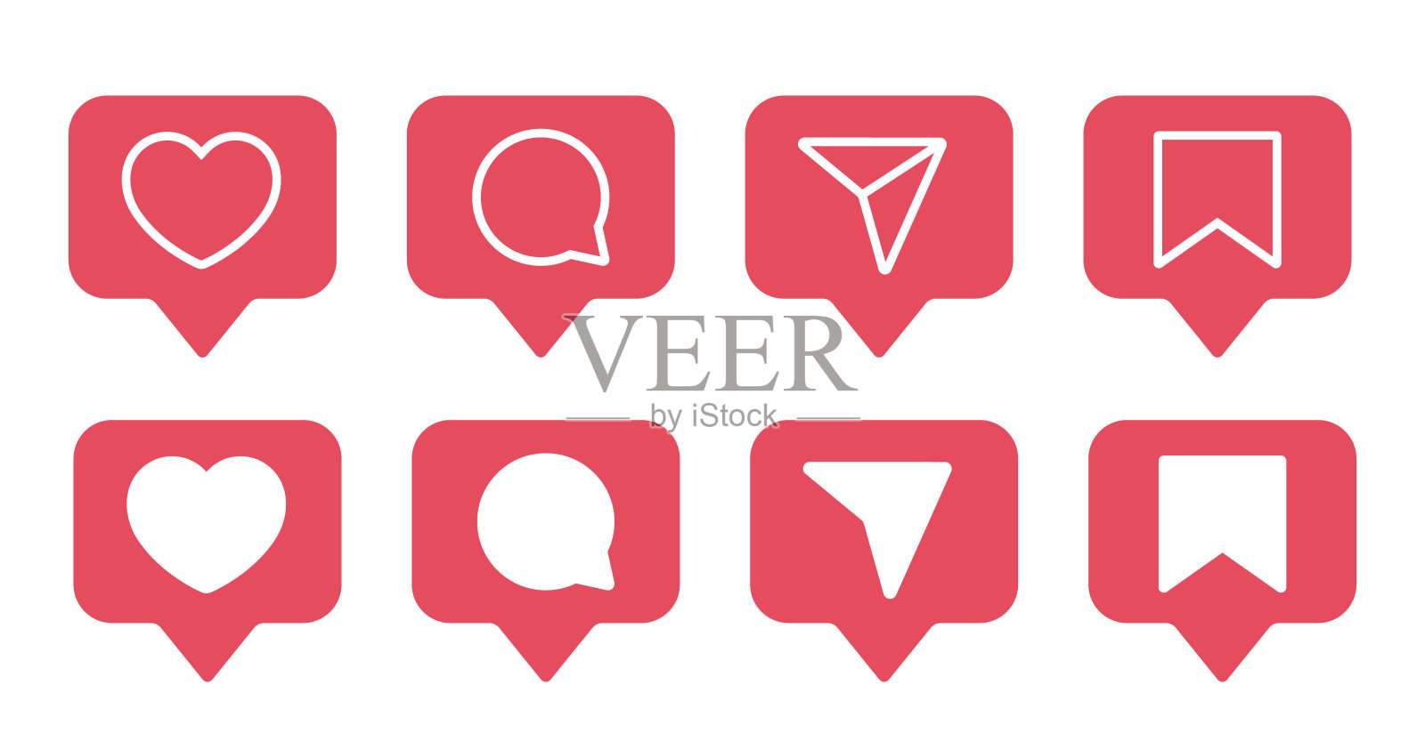 喜欢，评论，分享和保存图标的语音气泡。社交媒体元素插画图片素材