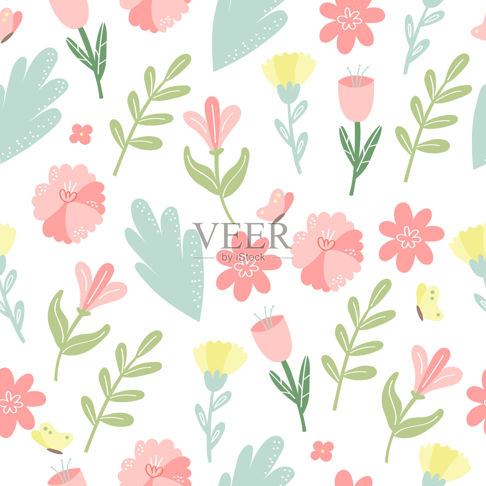 矢量花卉图案在涂鸦风格与花和叶子。精致，春暖花开的背景。插画图片素材