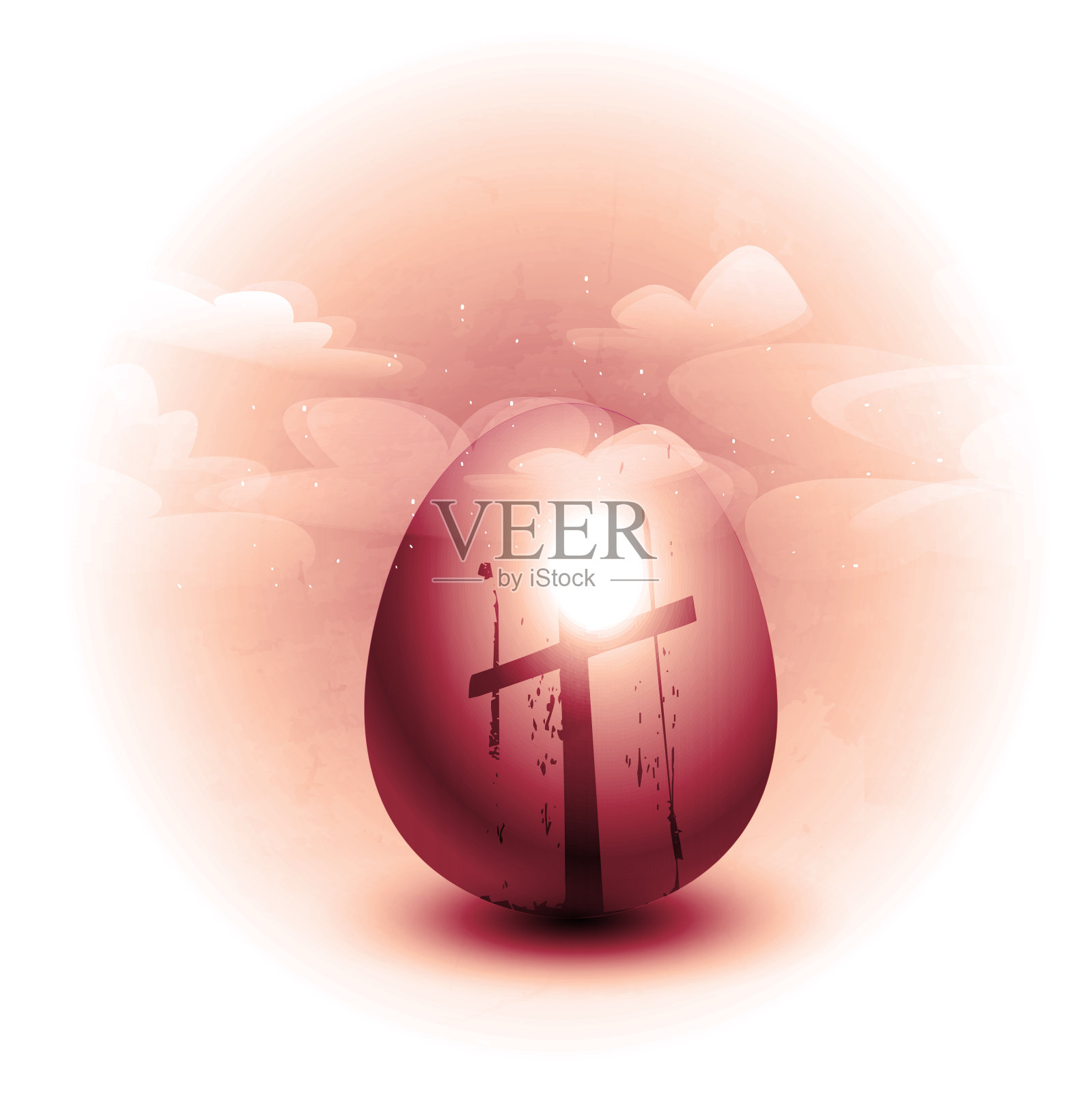 复活节假期的想法，豪华的青铜风格。青铜复活节彩蛋与复活节十字架在一个抽象的垃圾复古背景上的云。创意时尚的现代横幅与复制空间。插画图片素材