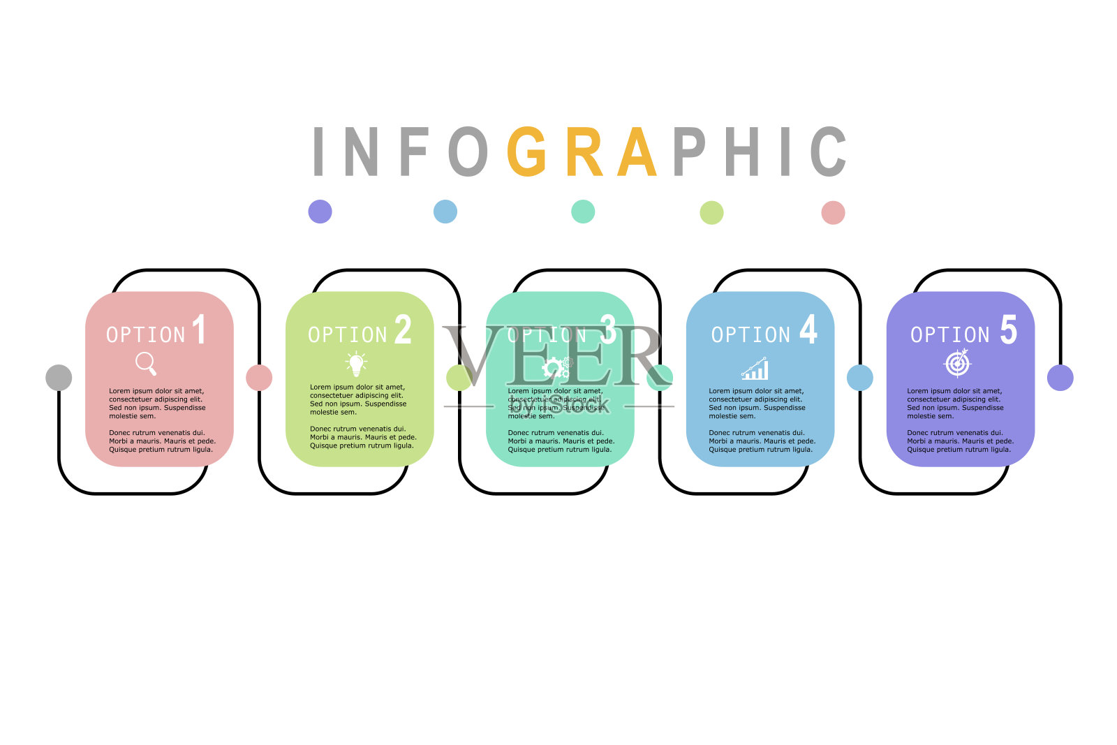 矢量信息图模板的业务计划，战略，路线图，工作流程，选项。现代时间线图创意风格，不同颜色的矩形形状。插画图片素材