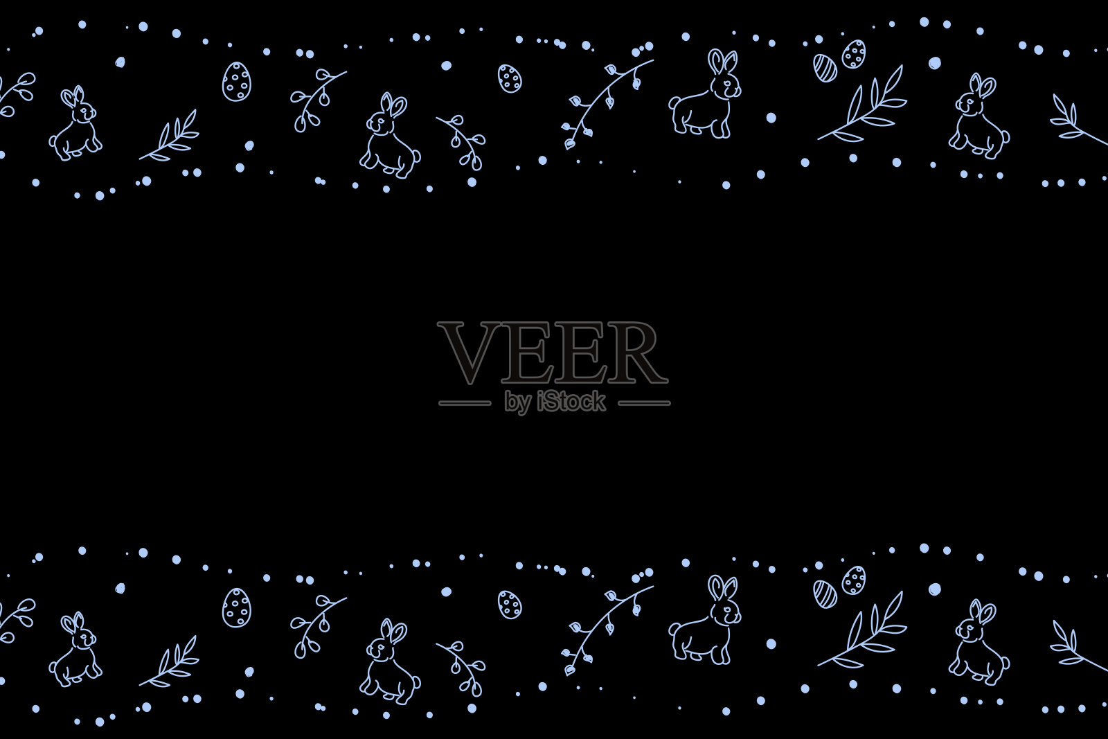 向量。可爱的手绘复活节水平背景与兔子，复活节彩蛋。节日背景与复活节线性符号。文本的复制空间。设计卡片，横幅和其他促销项目。插画图片素材