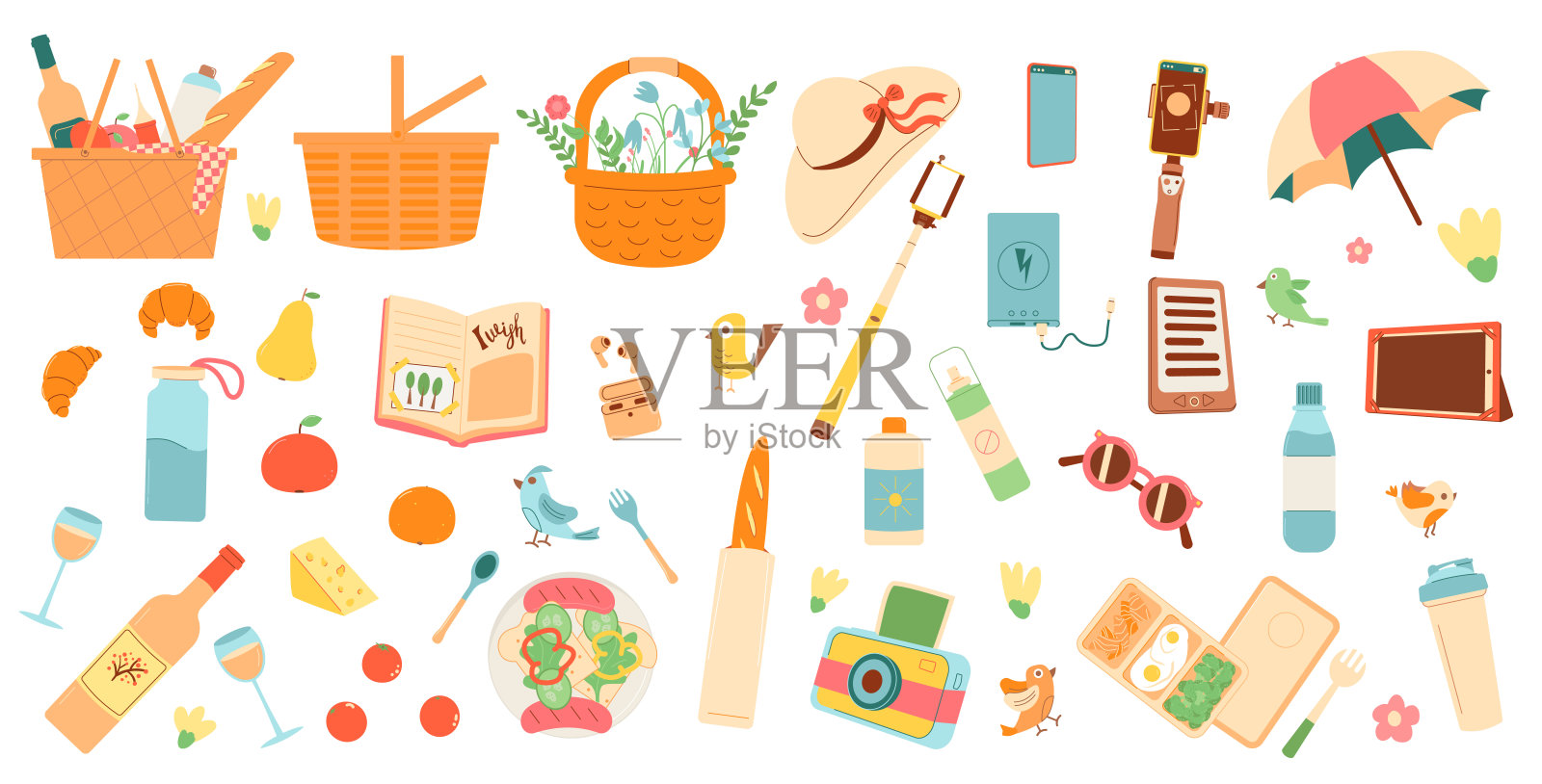 野餐。篮子里有酒、食物、饮料和防晒霜。春季户外度假活动元素孤立在白色背景上。夏天在公园吃饭。矢量平面插图插画图片素材