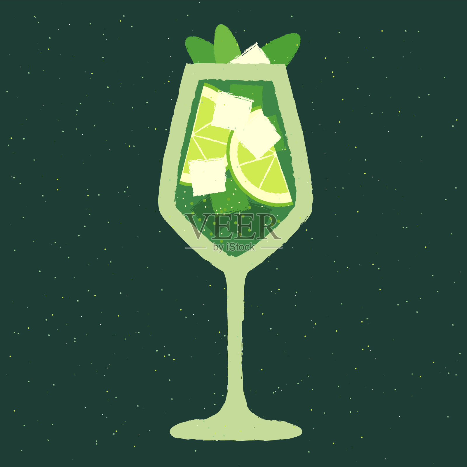 青柠、叶子和冰块的绿色鸡尾酒。葡萄酒杯里的柑橘无酒精鸡尾酒插画图片素材