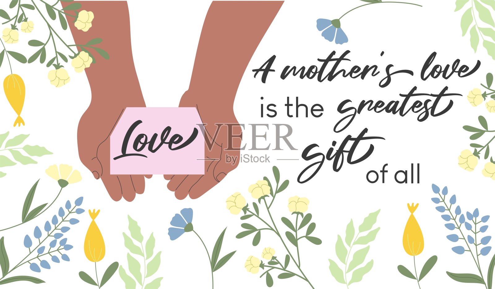 母亲节庆祝横幅设计。皮肤黝黑的双手捧着爱的明信片。插画图片素材