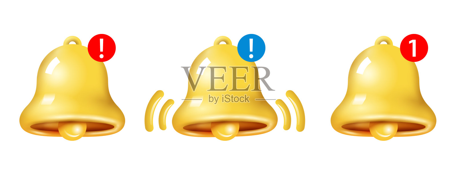 黄色3d样式通知钟图标集隔离在白色背景插画图片素材