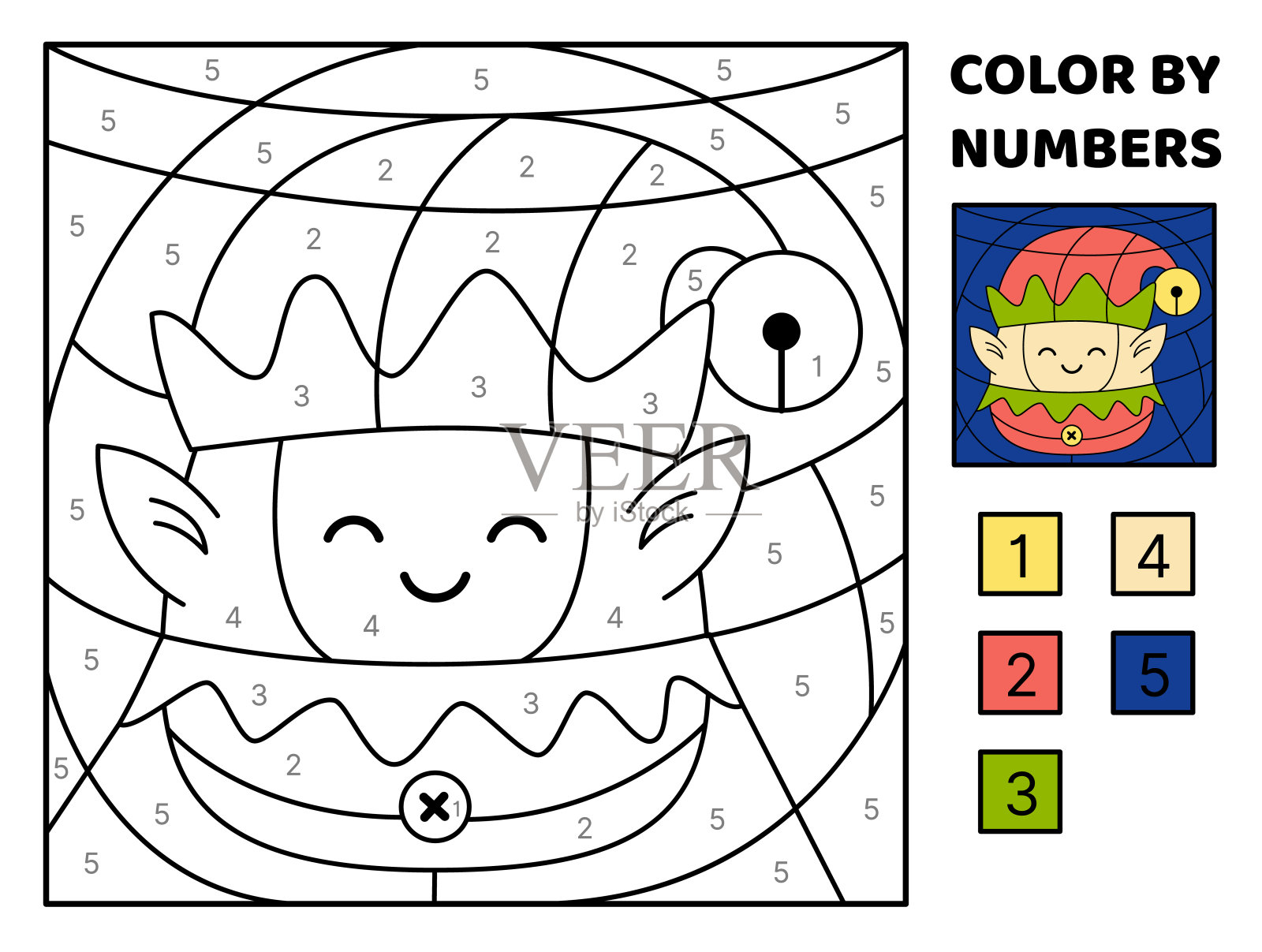 圣诞快乐，小精灵。按数字上色。Squishmallow。着色页面。孩子们的游戏。卡哇伊，卡通，矢量插画图片素材