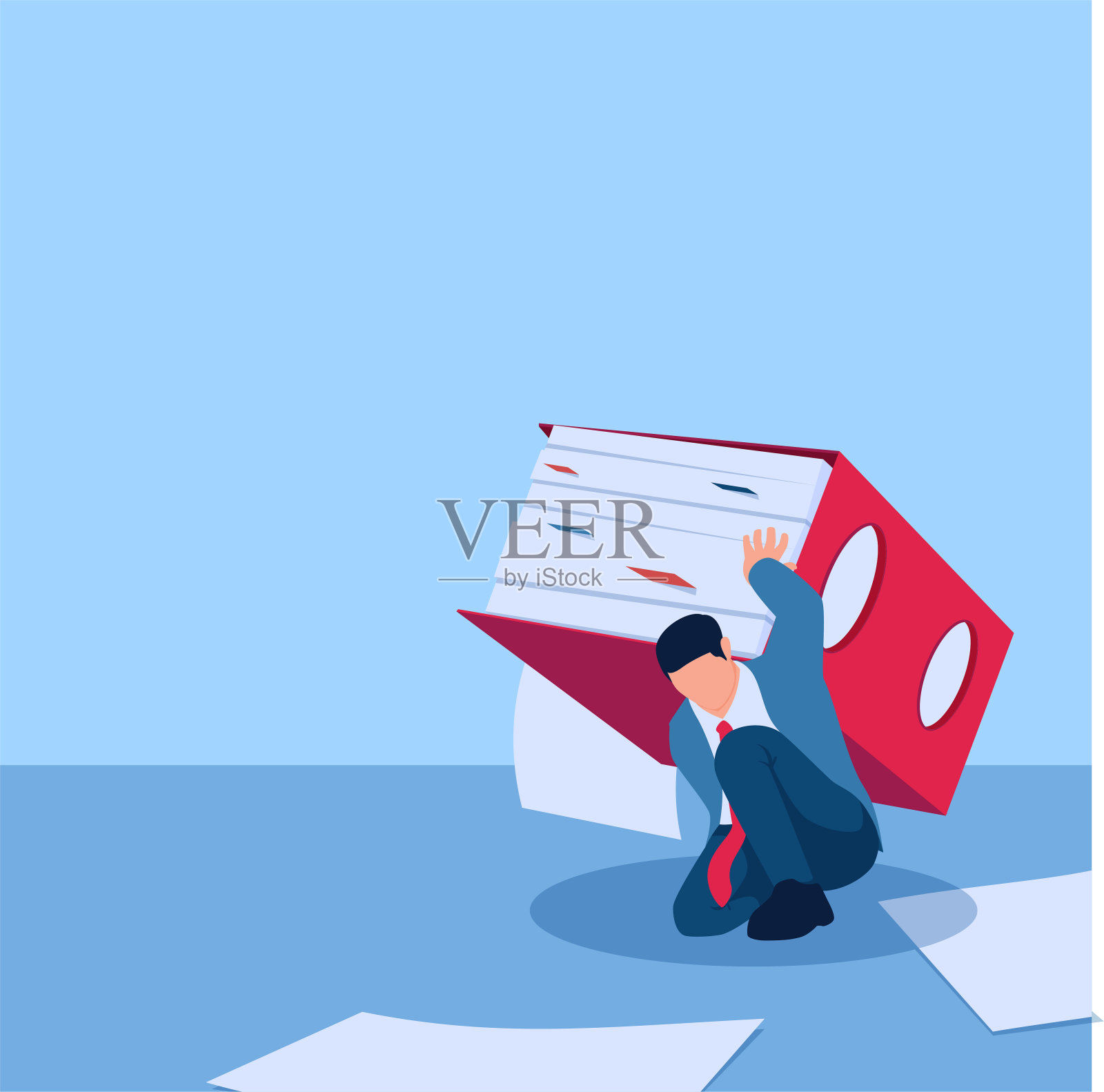 男人跪得太重，身上顶着一叠文件，说明工作疲劳。插画图片素材