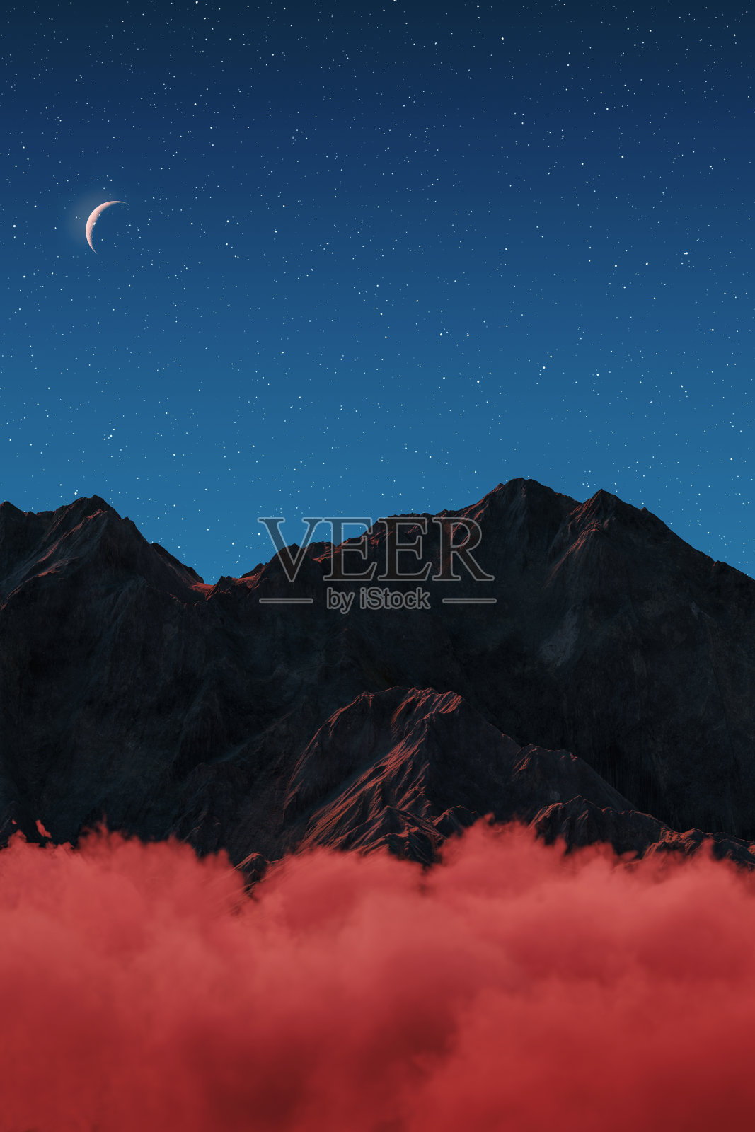 红云背后的山脉和月光的3D渲染照片摄影图片